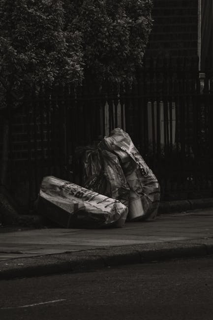 Two large black refuse bags filled with waste, tied at the top and placed on a pavement edge beside a wooden fence with vertical slats. One bag appears to contain cardboard or paper materials, with visible printed text on its surface, while the other is made of a crinkled, reflective plastic material. The bags are positioned near a curb on the side of a street, with a background of dense greenery and trees above the fence, and a dark structure or fence behind the waste. The scene suggests an area awaiting municipal or private rubbish collection, with Waste Disposal Bow potentially providing an alternative waste removal service in this context. The environment appears quiet and residential, with natural light slightly illuminating the scene.